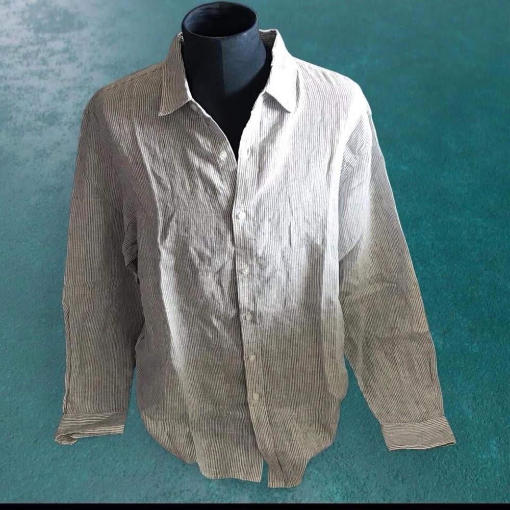 Quince 100% Linen Relaxed Long Sleeve Shirt Blue Pinstripe XL
